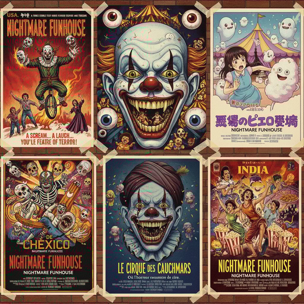 Global nightmare comedy movie posters collage, showing international horror-comedy and surreal dark films