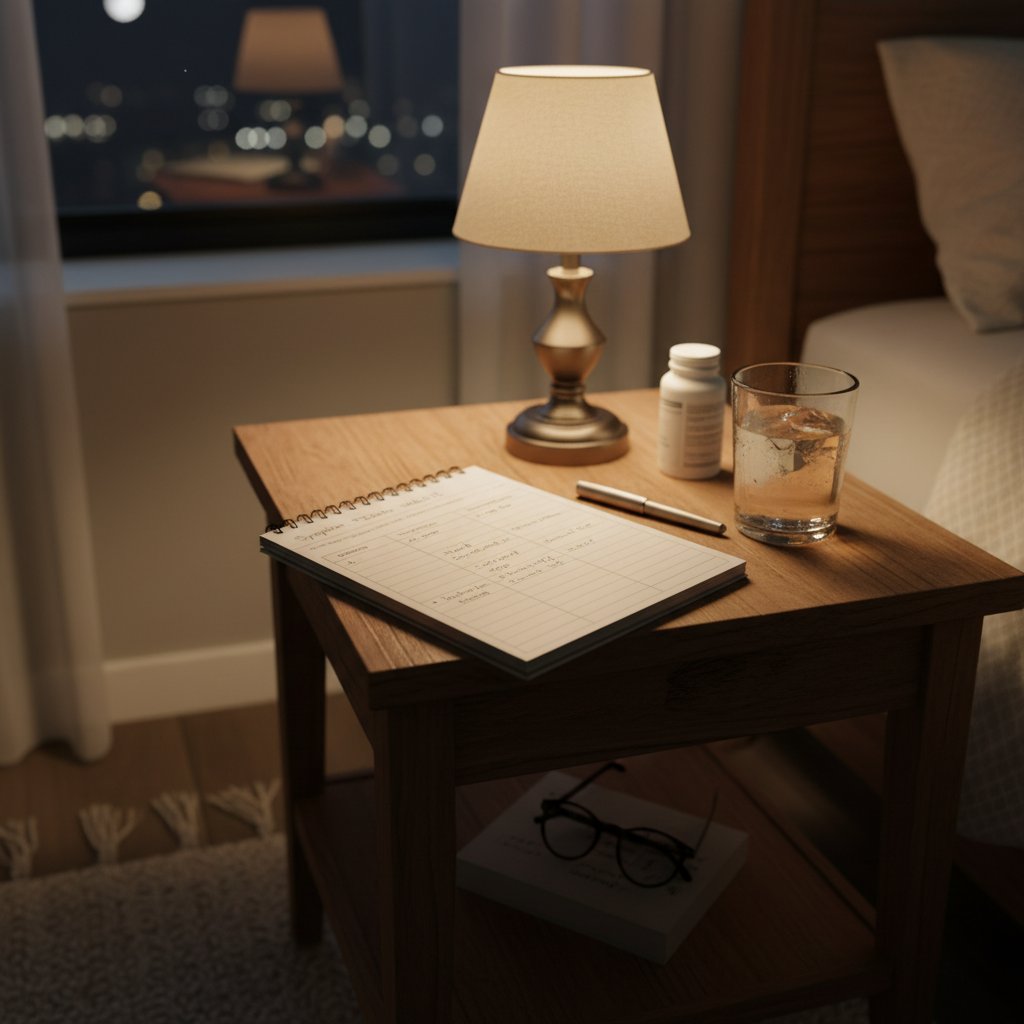 Stół nocny z notatnikiem, długopisem i szklanką wody – symbol monitorowania objawów nocnych