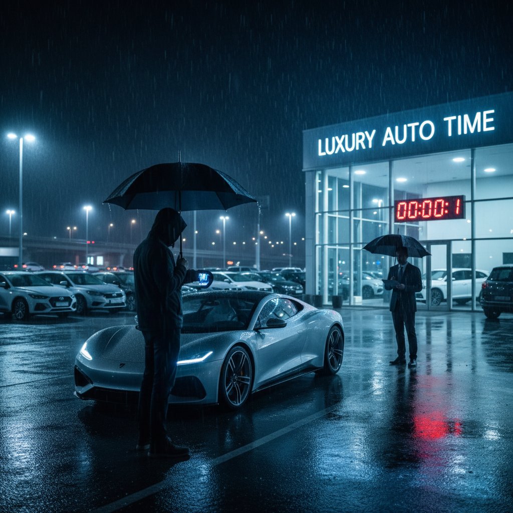 Nighttime car dealership lot in the rain, lone buyer under an umbrella closes a deal, illustrating the power of micro-timing