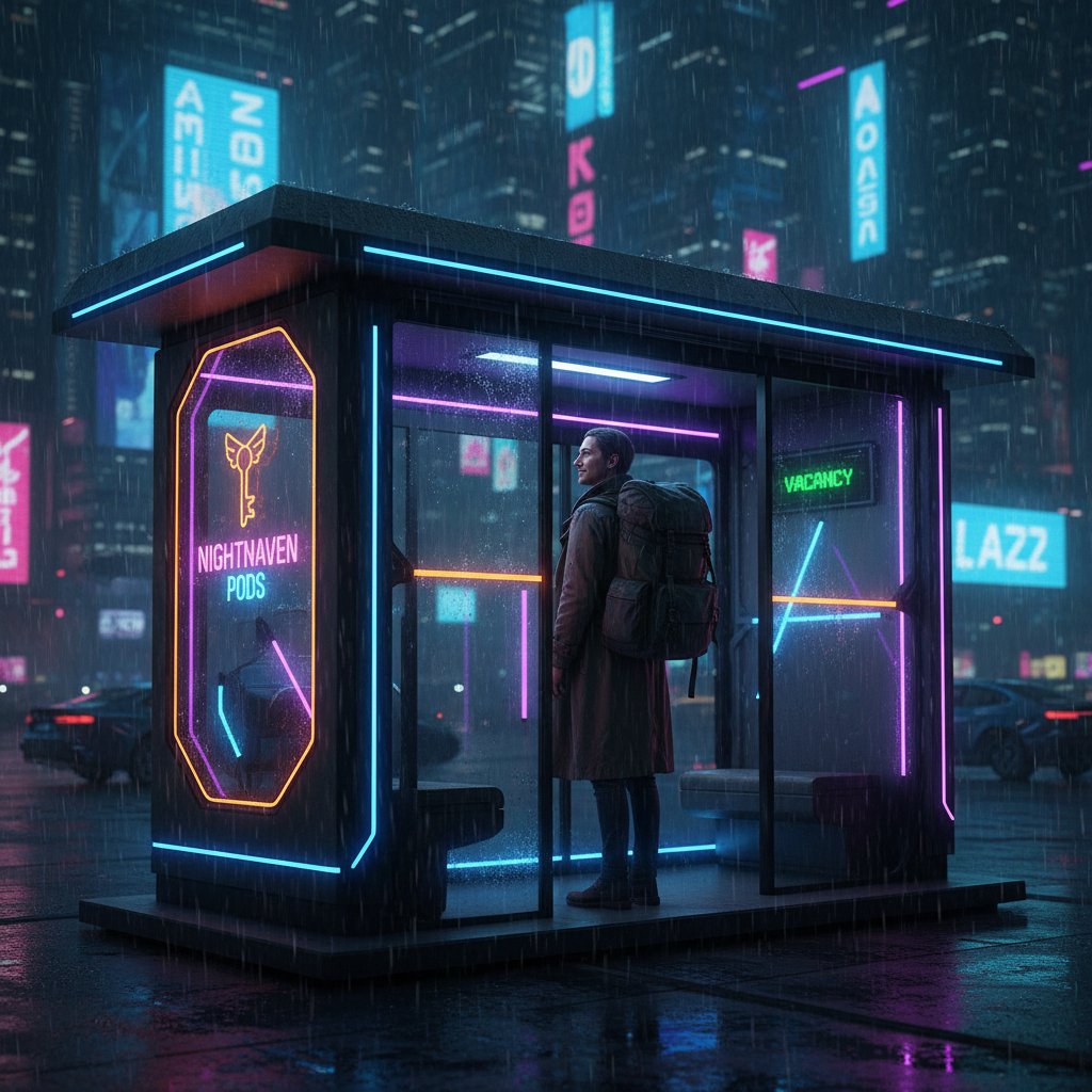 Nocna scena z podróżnikiem wchodzącym do hotelu przy przystanku autobusowym