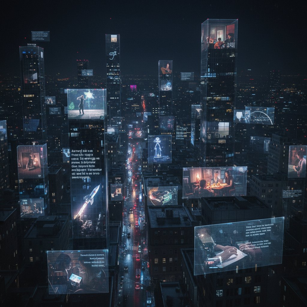 Nighttime cityscape with glowing screens in windows, hinting at unseen stories