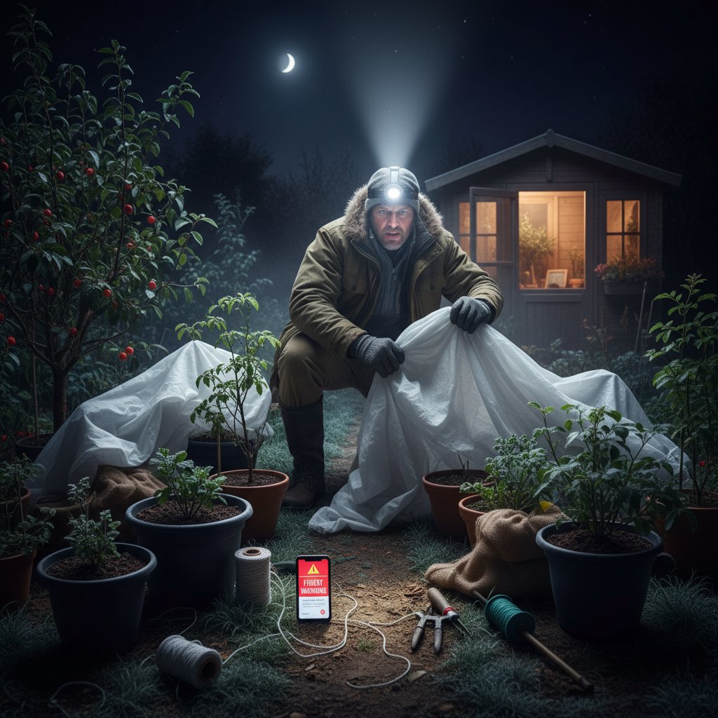 Nocne ratowanie roślin przed niespodziewanym mrozem, latarka, pośpiech w polskim ogrodzie
