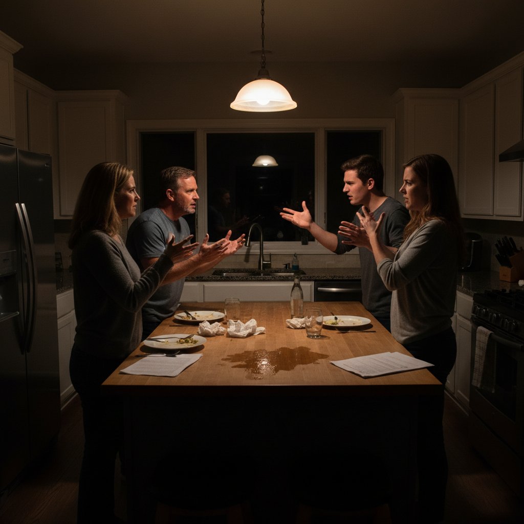 Wieczorna rozmowa w kuchni podczas rodzinnego konfliktu, napięcie, codzienne życie