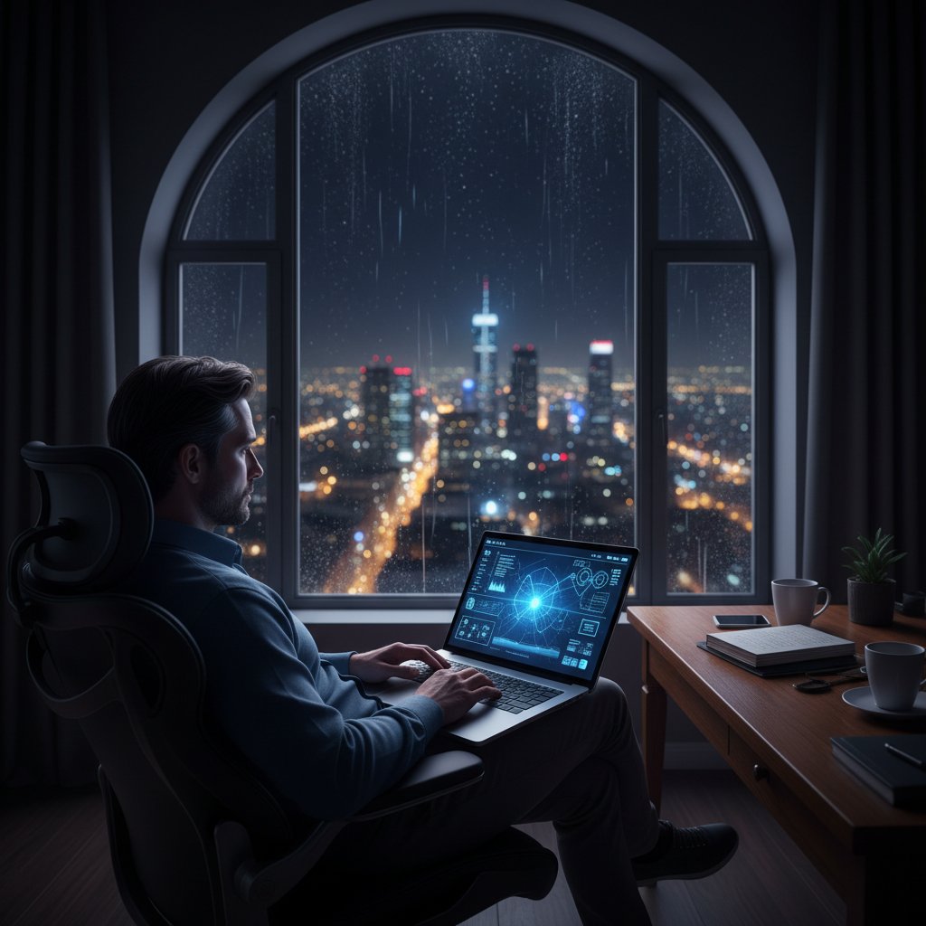 Strateg analizuje przyszłość strategii z AI nocą w mieście