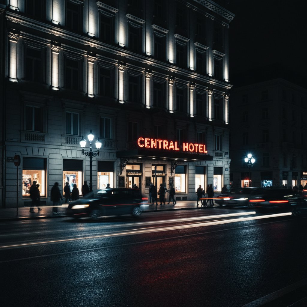 Nighttime street photo outside central hotel, high contrast, subtle tension, central hotels