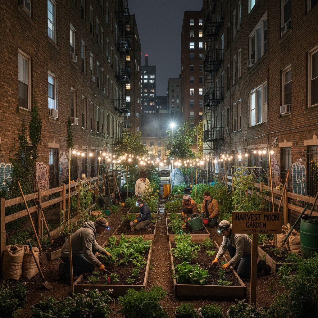 Grupa ogrodników sadzących rośliny nocą pomiędzy miejskimi blokami – ogrodnictwo partyzanckie