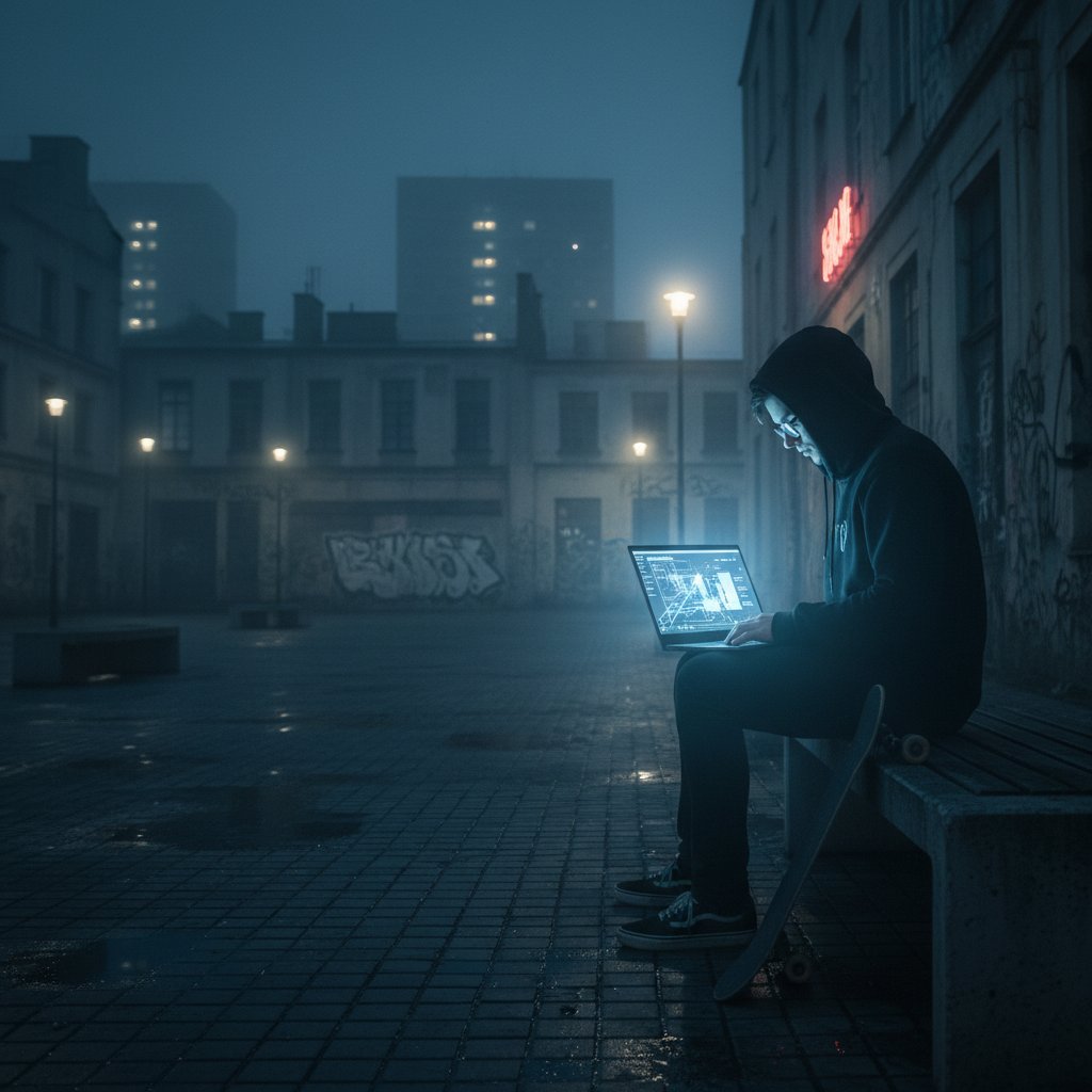 Młoda osoba w kapturze rozmawia przez laptopa na tle nocnej Warszawy