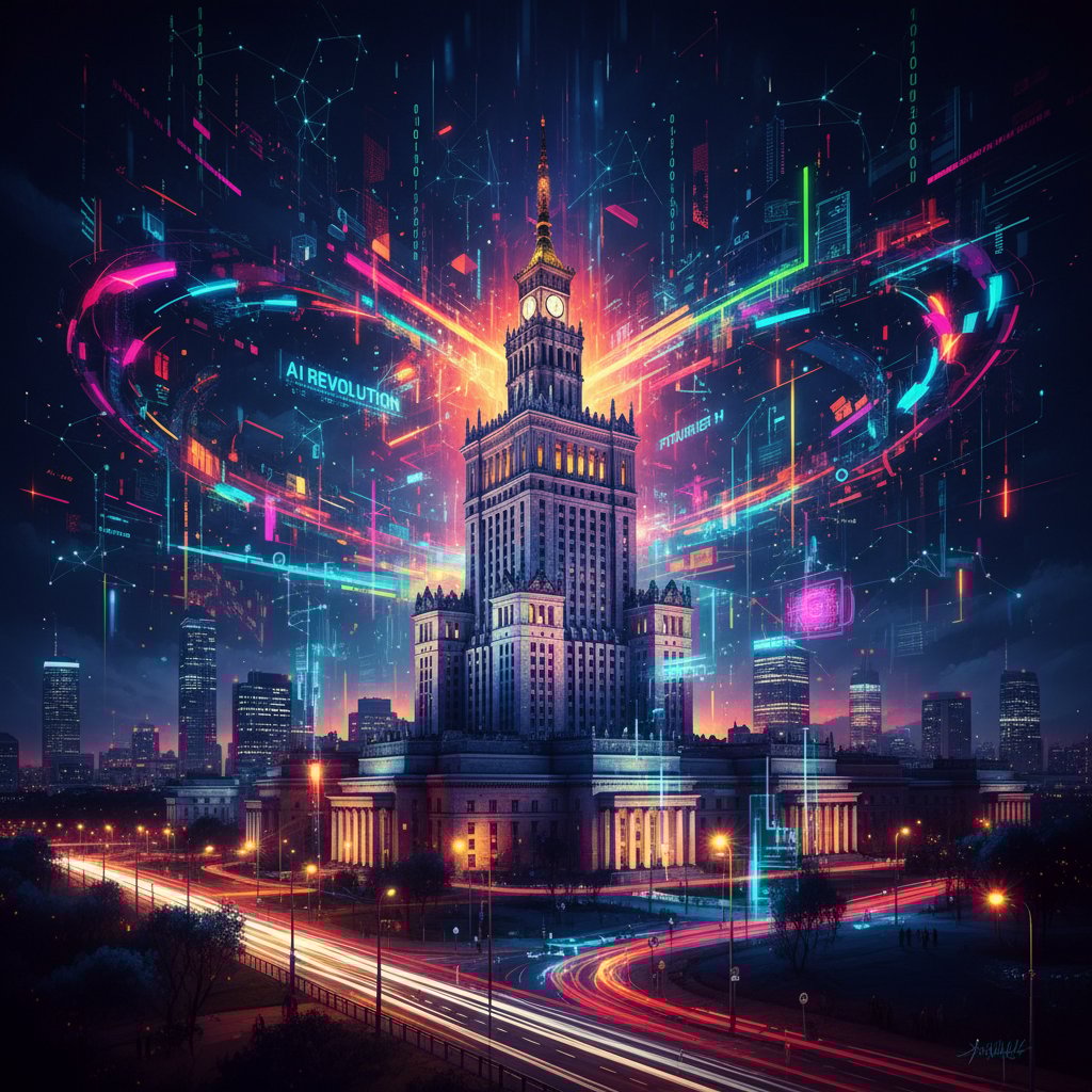 Nocna panorama Warszawy z cyfrowymi wizualizacjami AI unoszącymi się nad miastem