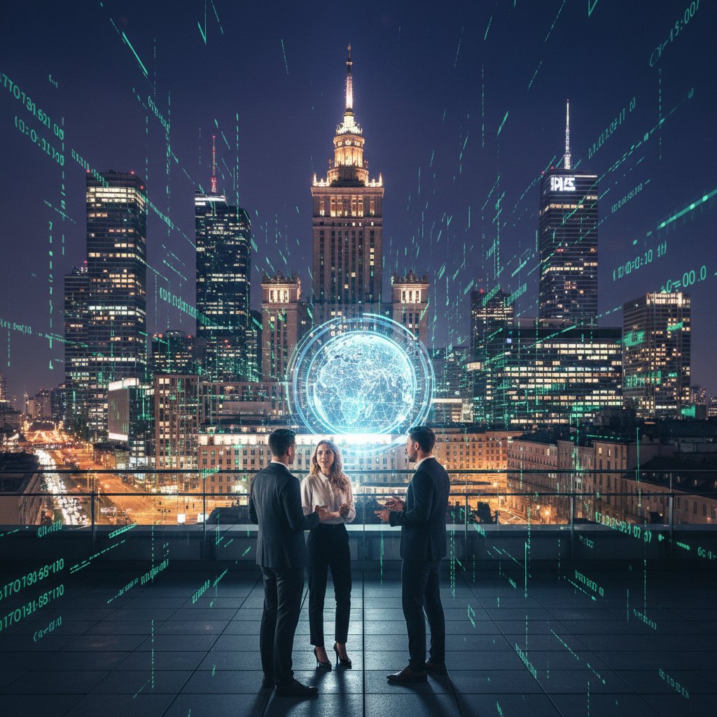 Warszawska panorama nocą z cyfrową nakładką i ludźmi w dyskusji o przyszłości AI, filozofia, Polska