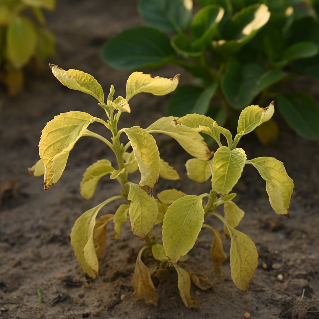 Liście rośliny ogrodowej z objawami niedoboru azotu i chlorozą
