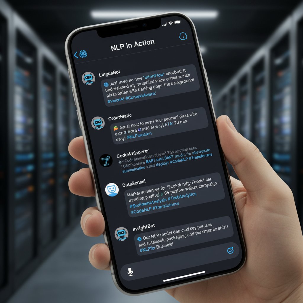 Everyday NLP in action with smartphone showing chatbots, social feed, and voice assistant
