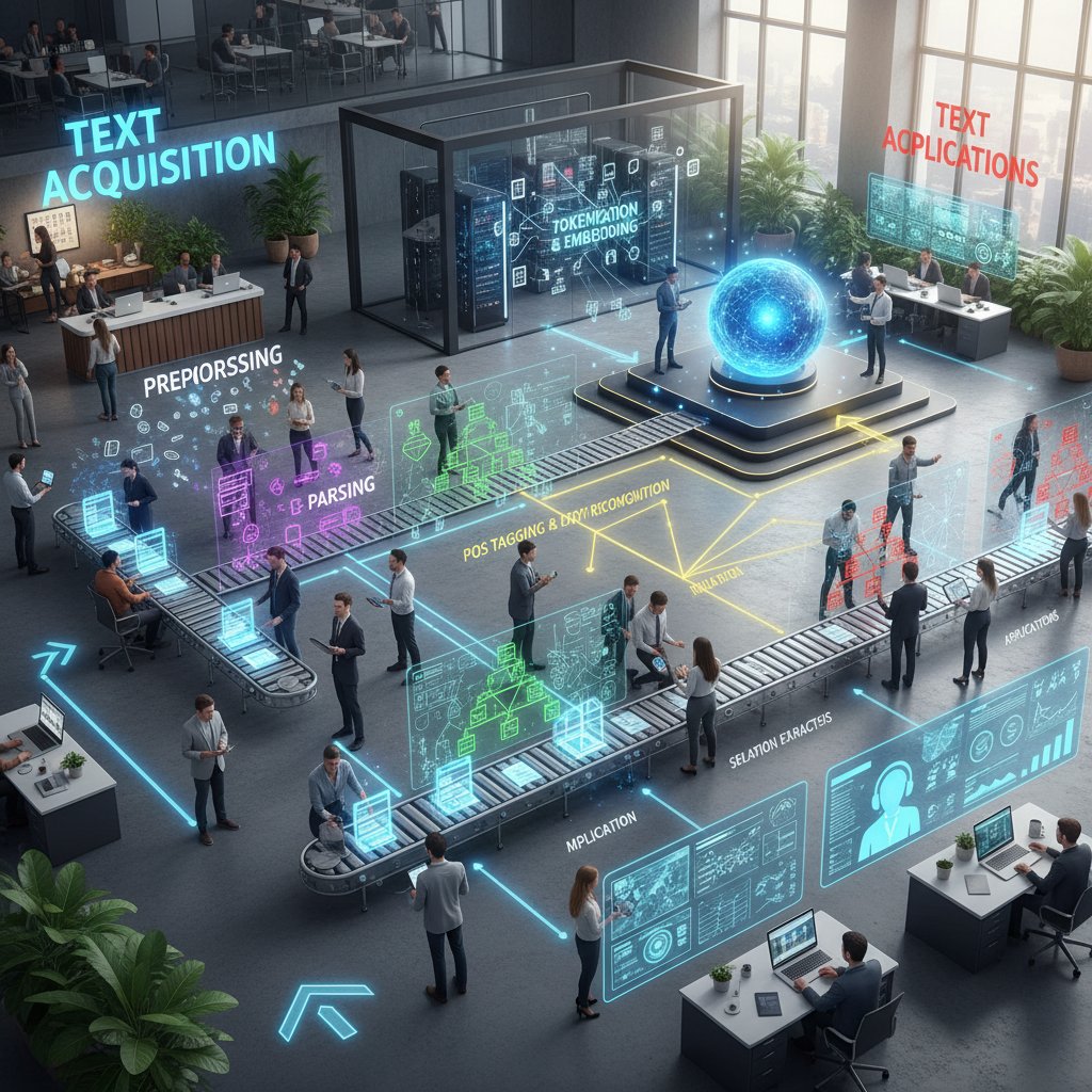 Visual guide to NLP process with labeled steps, schematic but realistic depiction in office setting