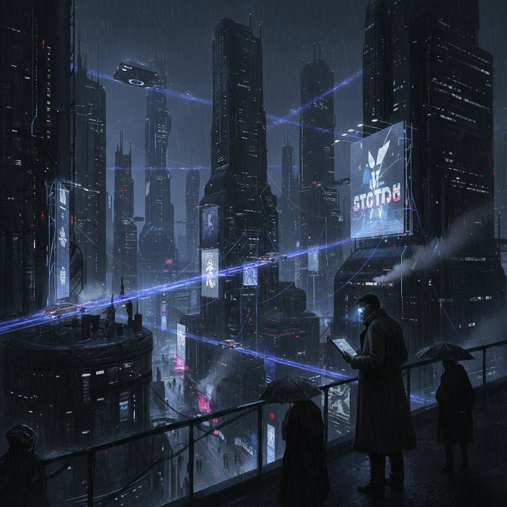 AI-generated fusion of noir and technology, neon-lit city with classic noir elements