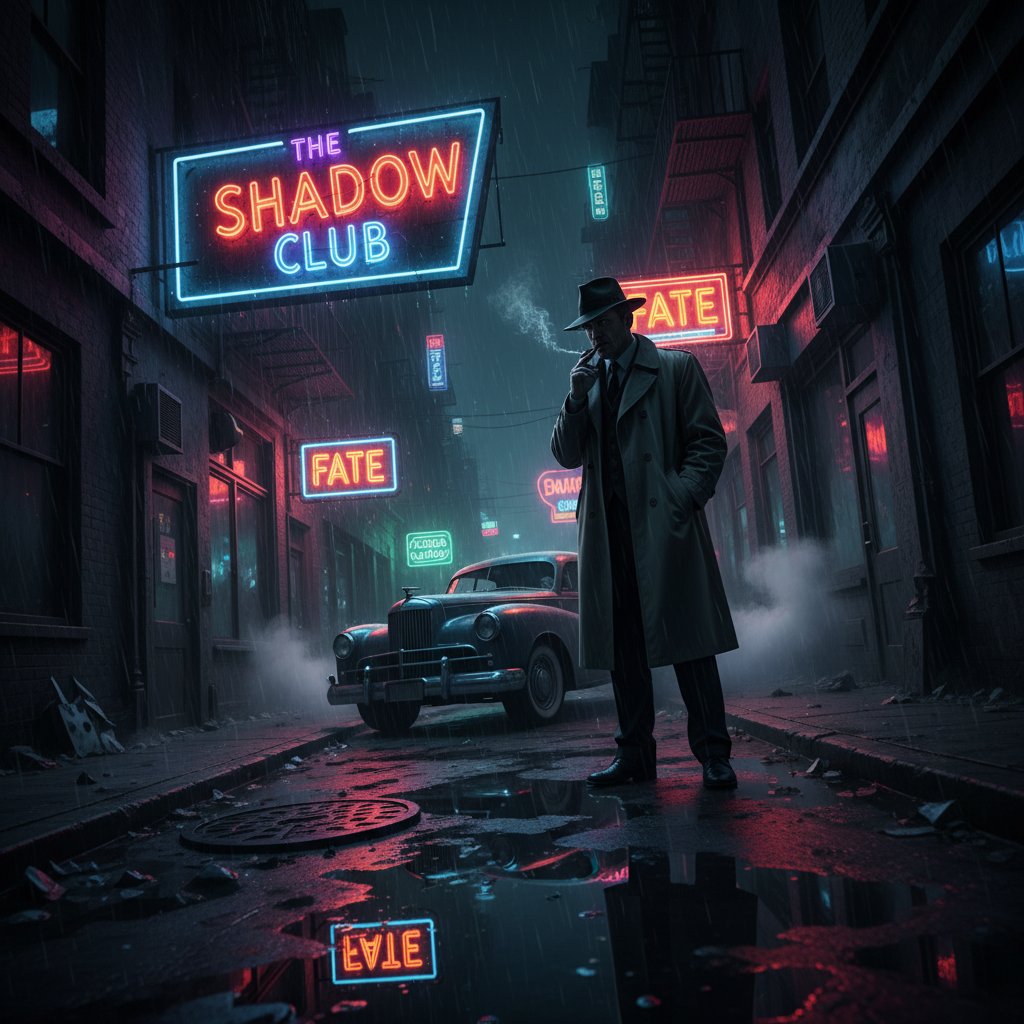 Moody noir detective with neon lights, evoking rule-breaking classic genres