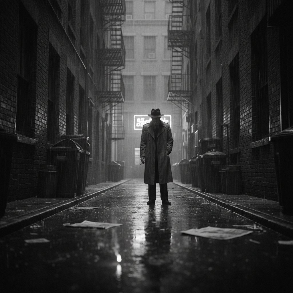 Noir detective stands in a rain-soaked alley, inspired by 'Stray Dog', high contrast black and white, akira kurosawa movies
