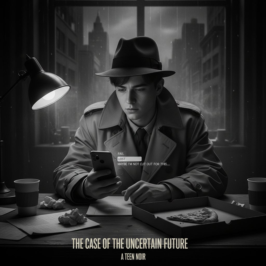 Split photo: classic noir detective in trench coat vs. modern teen on smartphone, capturing movie self doubt evolution