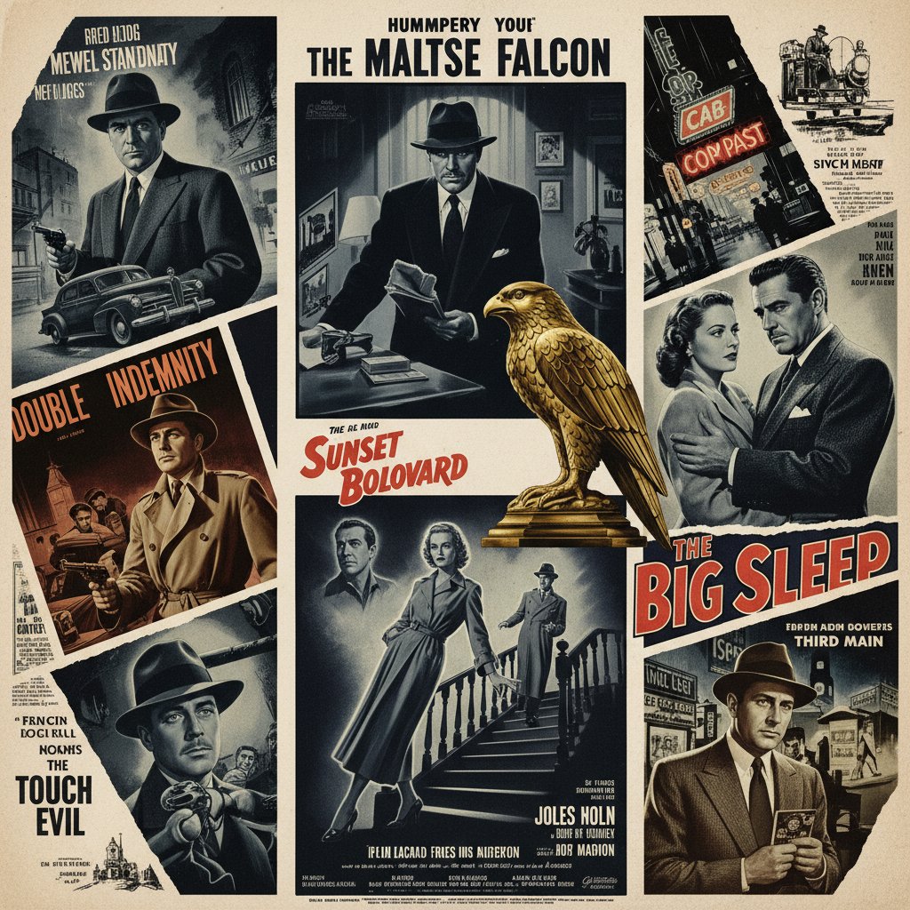 Vintage movie poster collage with iconic noir scenes, classic noir movies