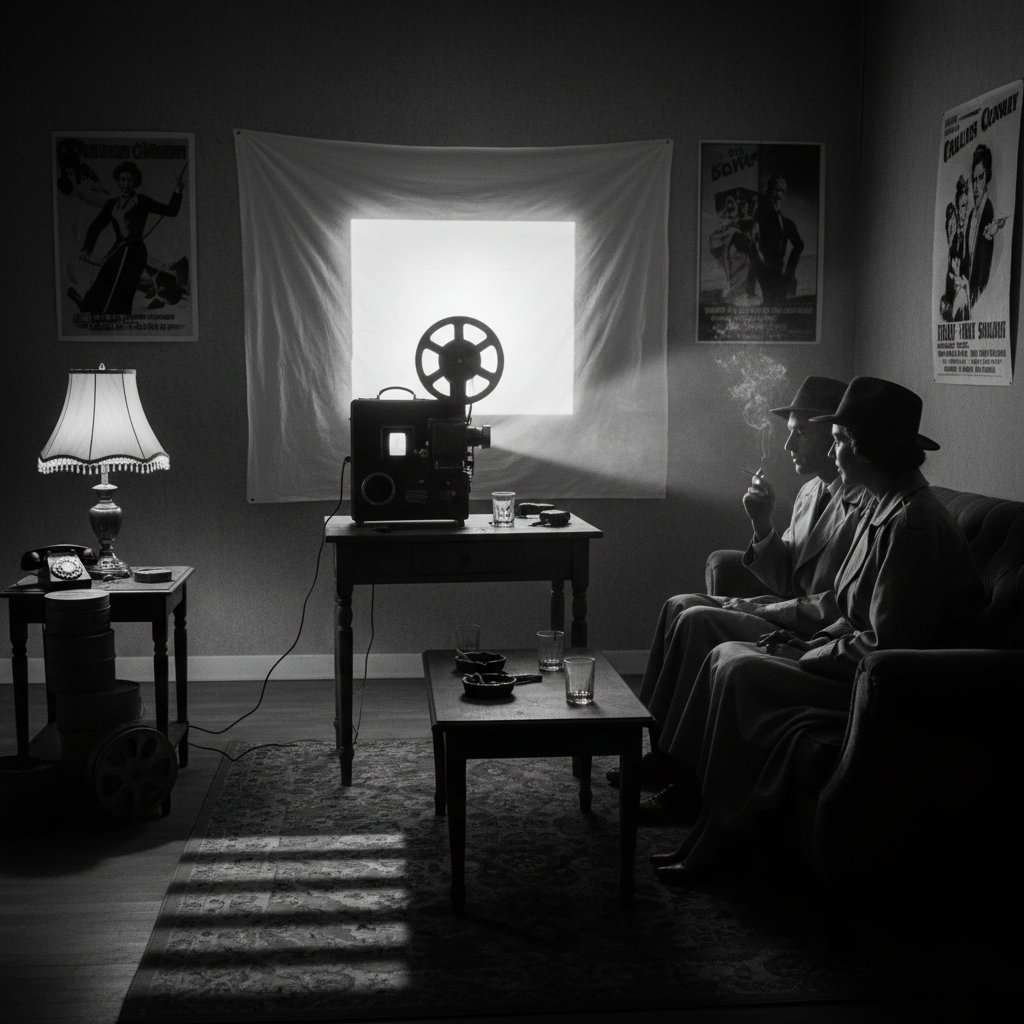 Home noir screening setup with vintage ambiance, dim lighting, film noir atmosphere
