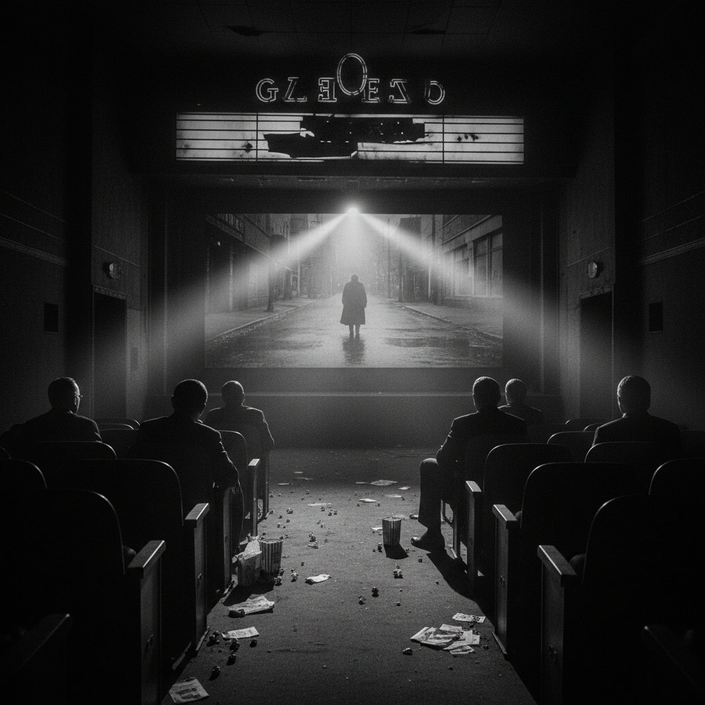 Audiences in a dark movie theater watching a bleak film scene, evoking the mood of cynical movies