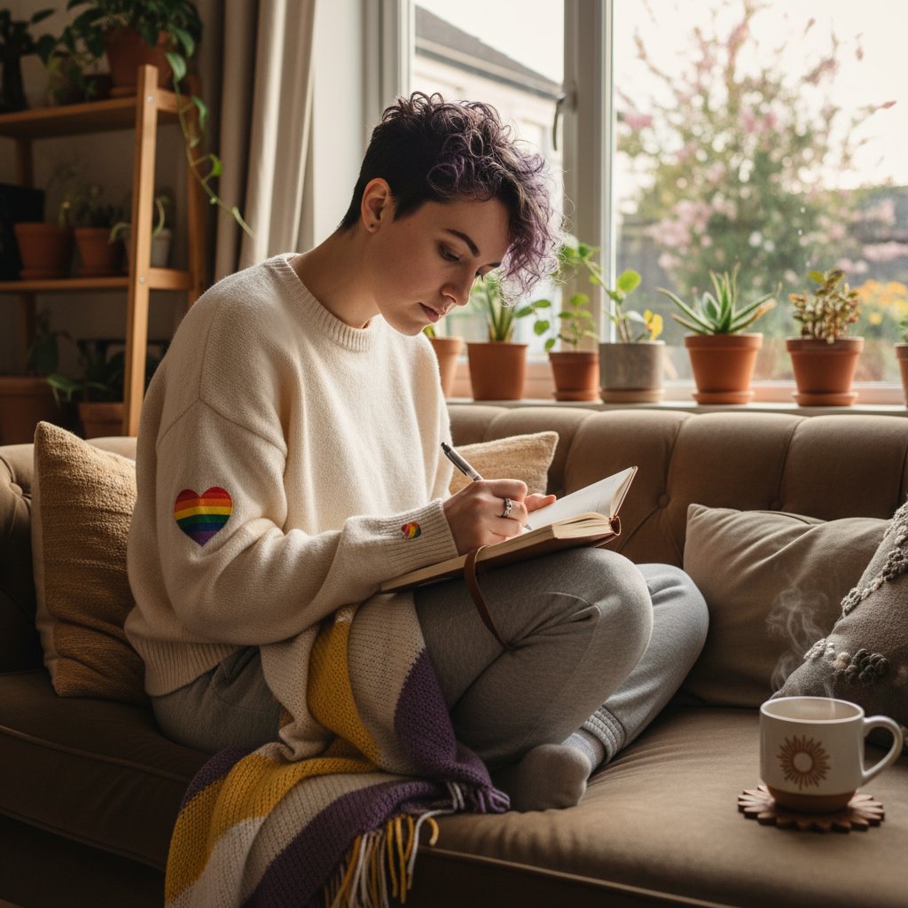 Osoba niebinarna pisząca dziennik, subtelny symbol dumy, domowa atmosfera, 16:9