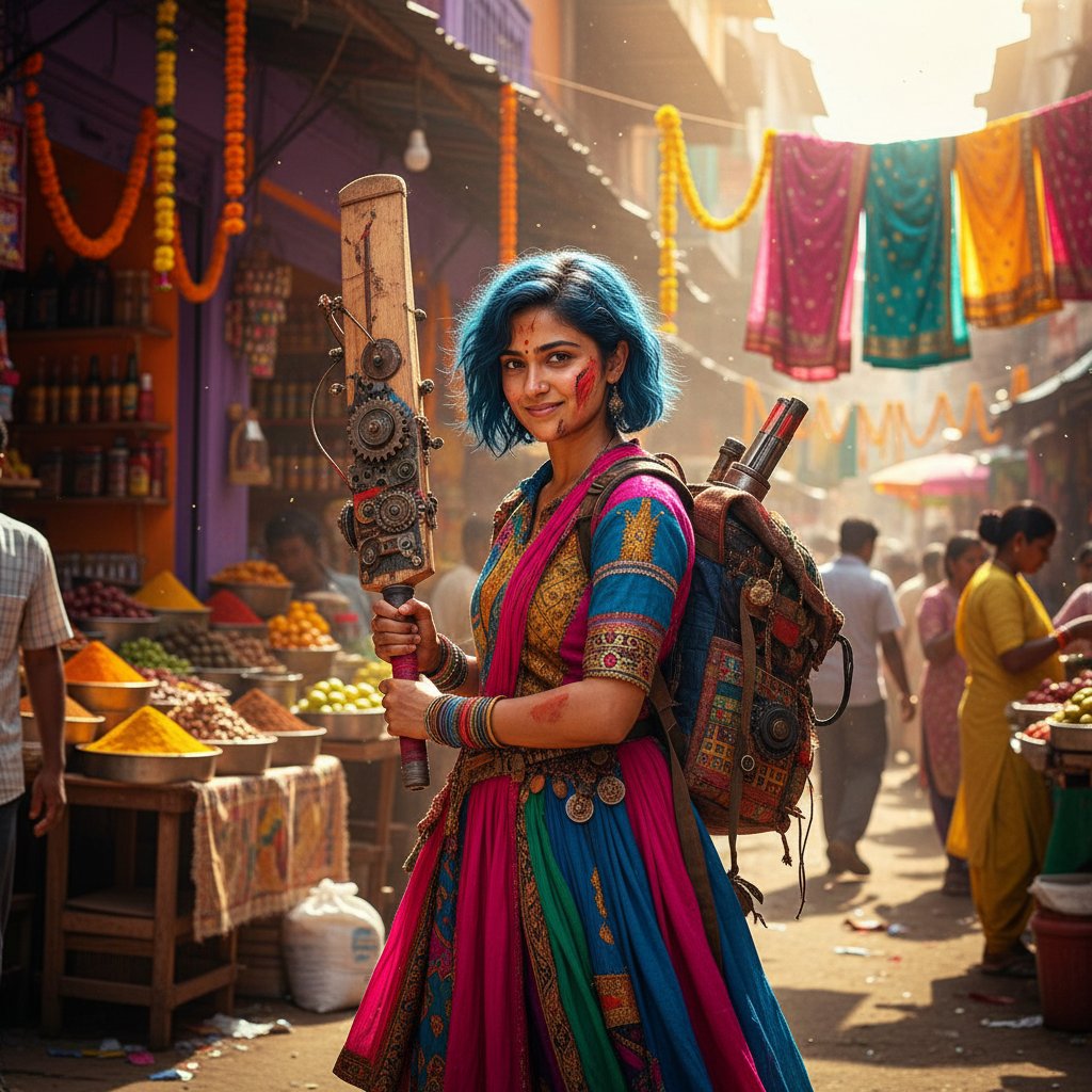 Film scene with a non-traditional hero, bold colors, 16:9