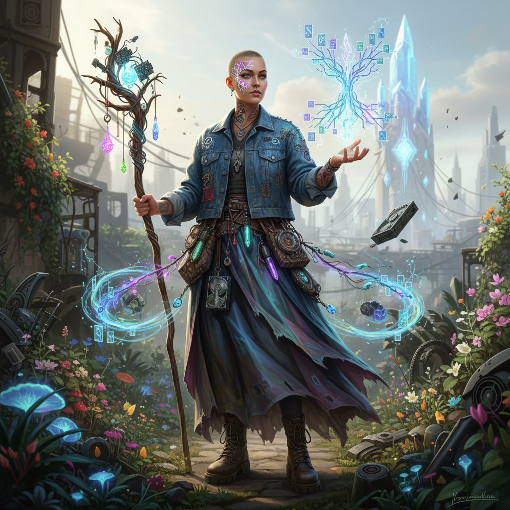 A non-traditional witch character exuding power and ambiguity