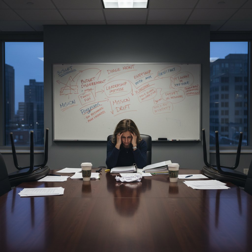 Nonprofit secretary noticing board conflict and tension at the boardroom table