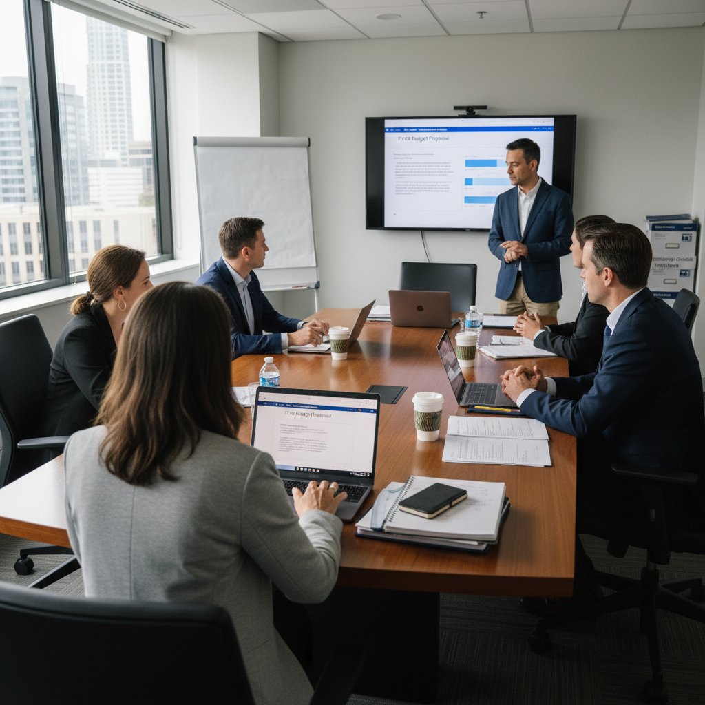 Nonprofit secretary guiding board meeting from behind the scenes with notes and agenda on laptop