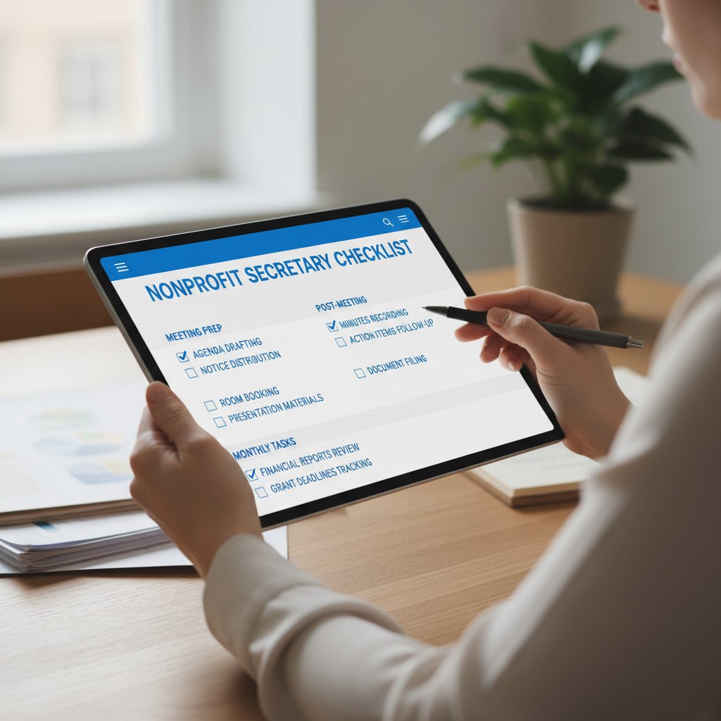 Nonprofit secretary using a checklist on a tablet to verify annual duties