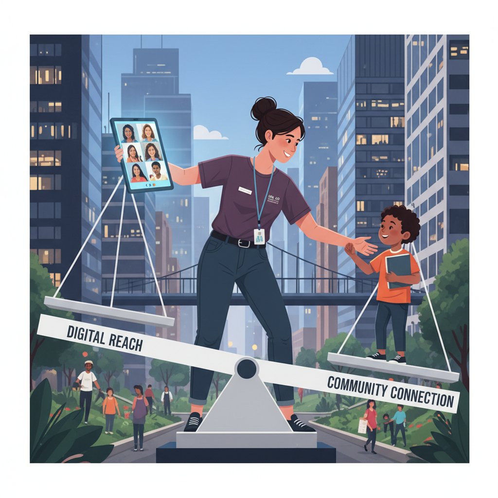 Nonprofit worker balancing digital and face-to-face support, urban background