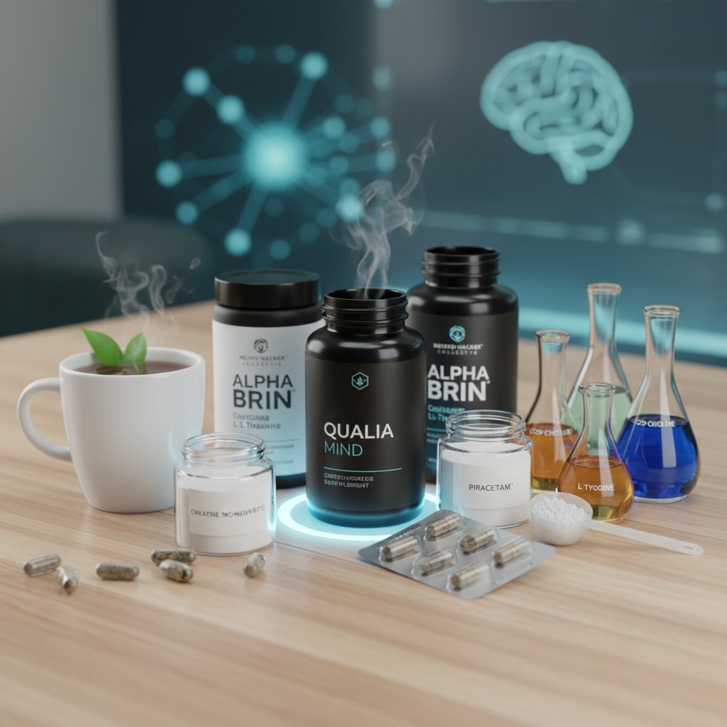 Zestawienie różnych suplementów i roślin adaptogennych na stole – alternatywy dla fosfatydyloseryny