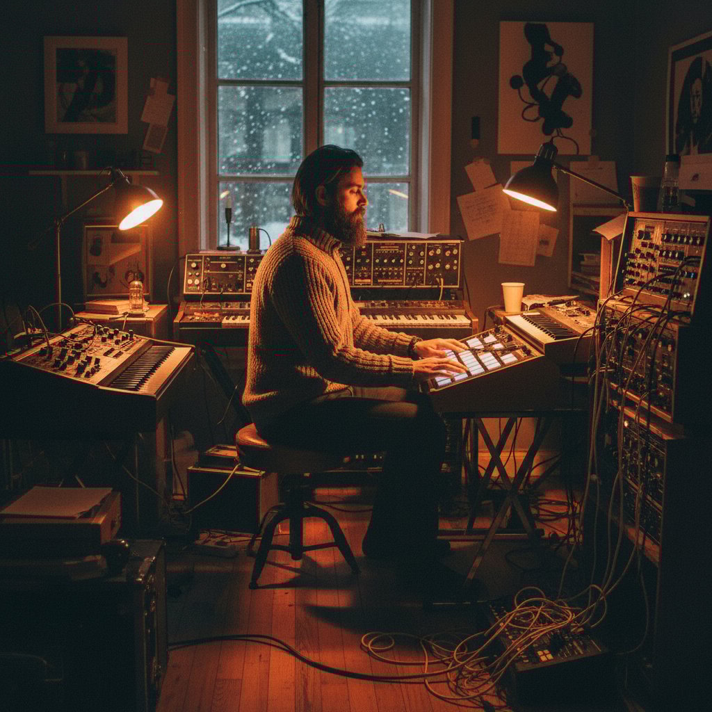 Nordic composer with analog synths in moody, minimalist recording studio