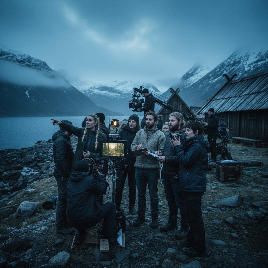 Nordic directors behind camera, energetic mood, collaborative film set