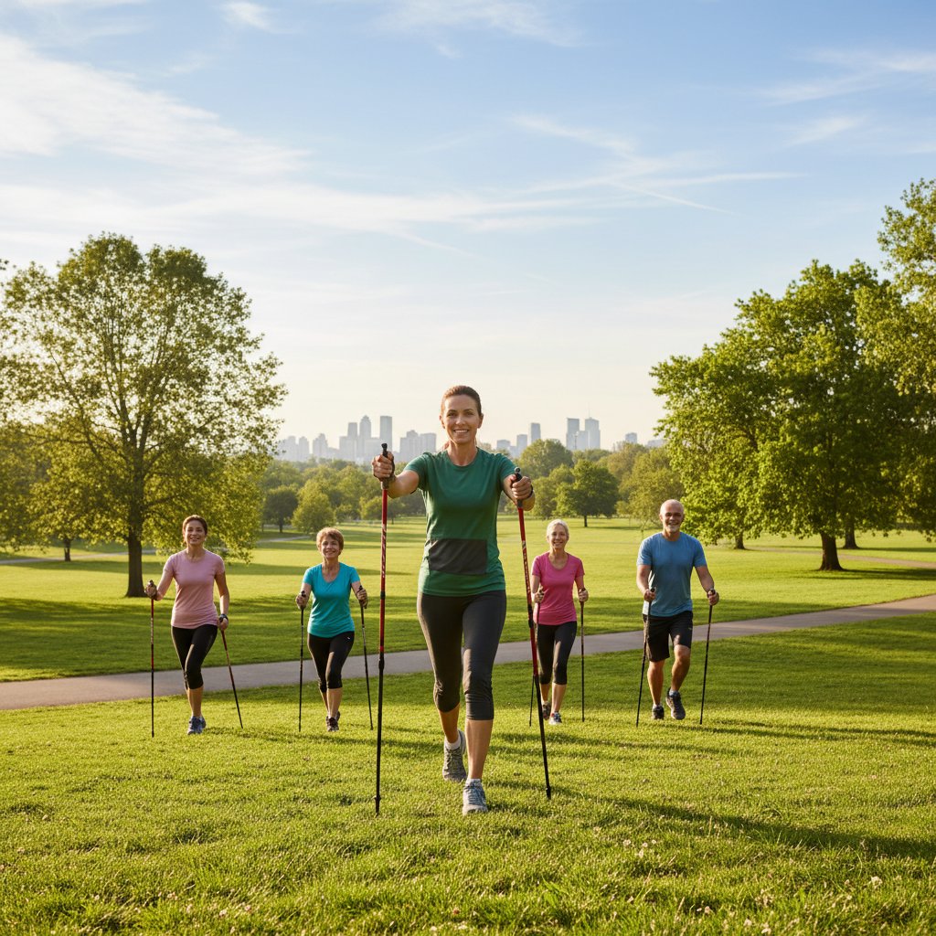 Instruktor pokazuje prawidłową technikę nordic walking na tle zielonego parku
