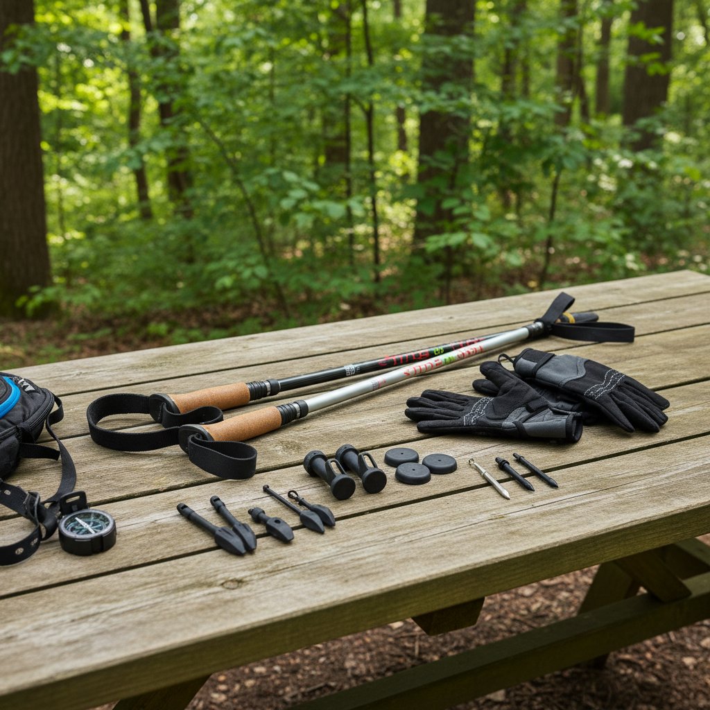 Zbliżenie na akcesoria nordic walking: kijki, gumowe końcówki, rękawiczki