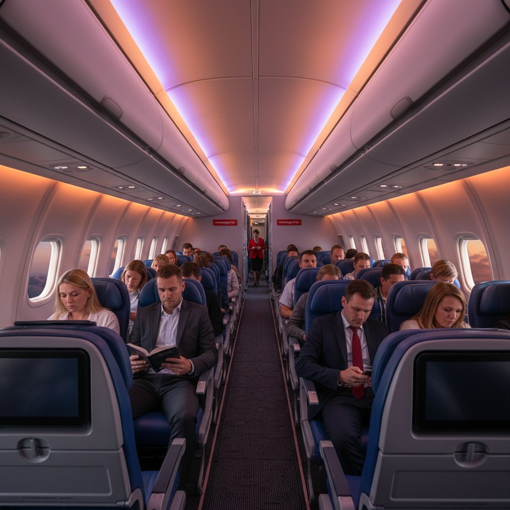 Norwegian Air cabin interior with travelers in different seating classes