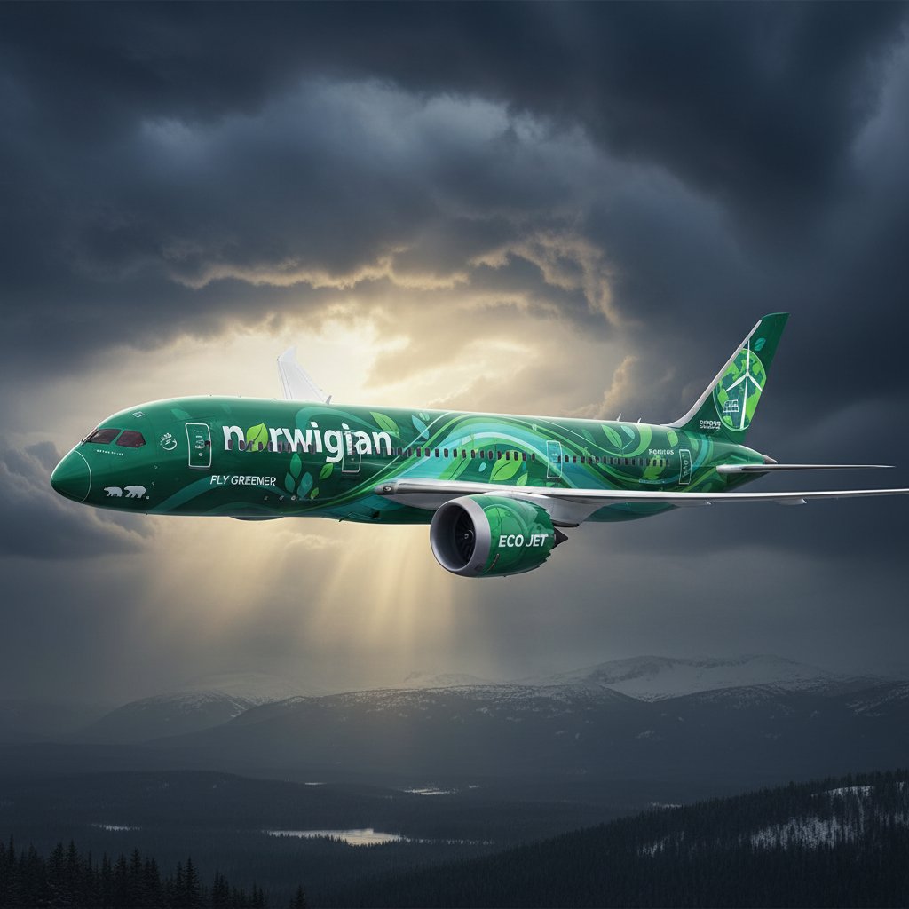 Norwegian Air plane with green branding, symbolizing sustainability