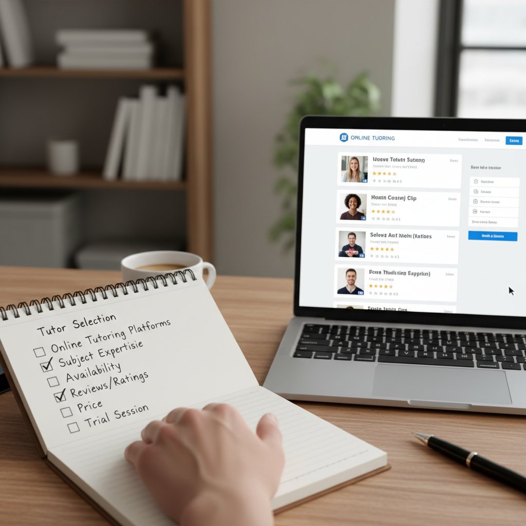 Zbliżenie na notatnik z checklistą, laptop i dłoń odhaczająca punkty przed wyborem korepetytora online