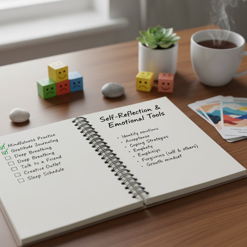 Notatnik z checklistą, osoba odhaczająca kolejne punkty, narzędzia do samorefleksji