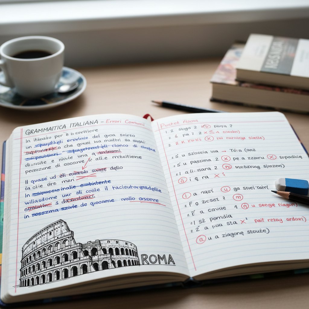 Fragment zeszytu z przekreślonymi błędami gramatycznymi w włoskim, obok notatka po polsku