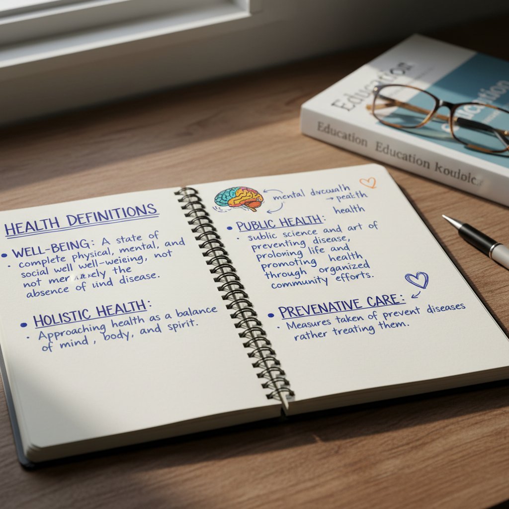 Notatnik z wypisanymi definicjami pojęć zdrowotnych, osoba studiująca materiały edukacyjne