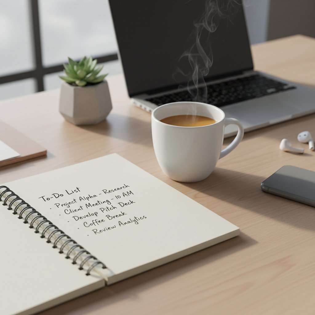 Notatnik z listą zasad i kawa na nowoczesnym biurku