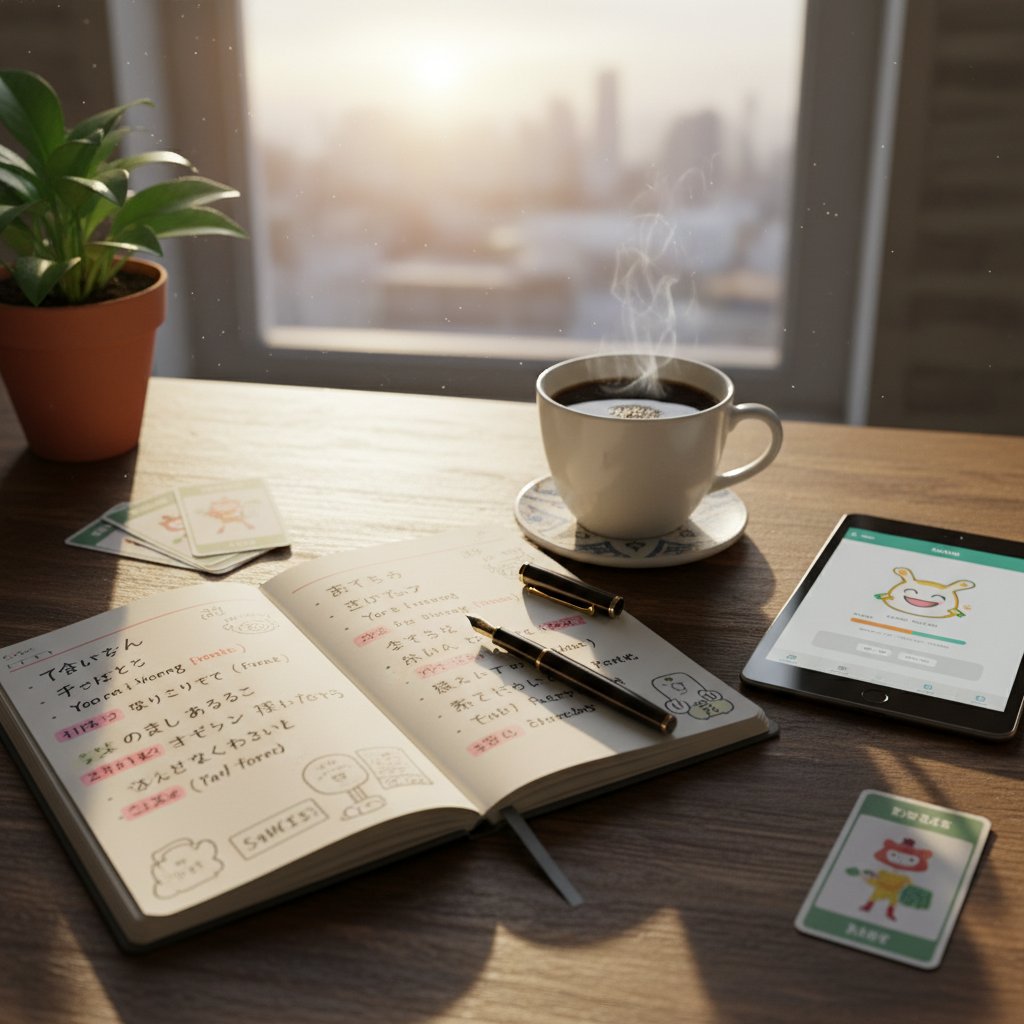 Notatnik z planem nauki języka obcego, długopis, filiżanka kawy, poranny rytuał efektywnej nauki