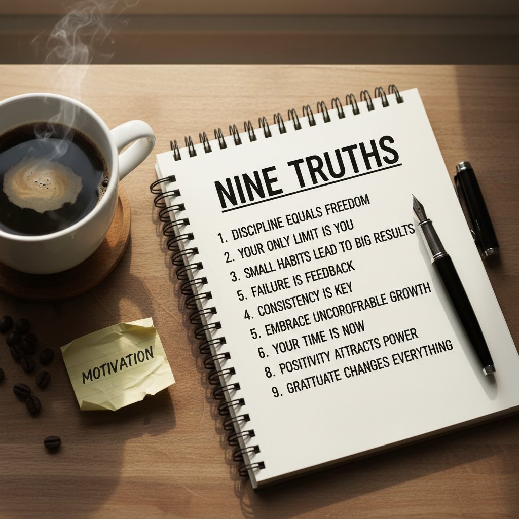 Notatnik z wypisanymi 9 prawdami, obok długopis, kawa, motywacyjna atmosfera