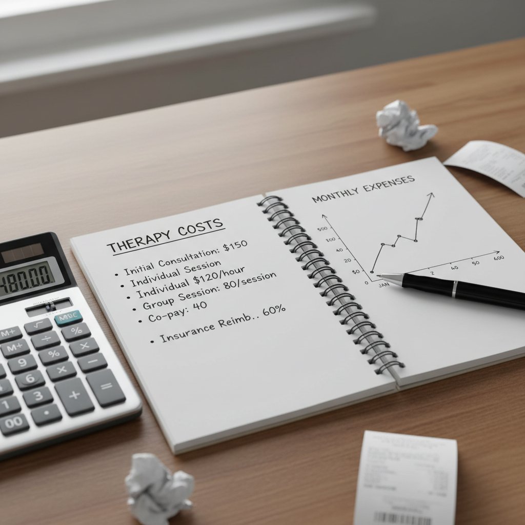 Zbliżenie na notatnik z wykresem kosztów terapii, kalkulator i długopis