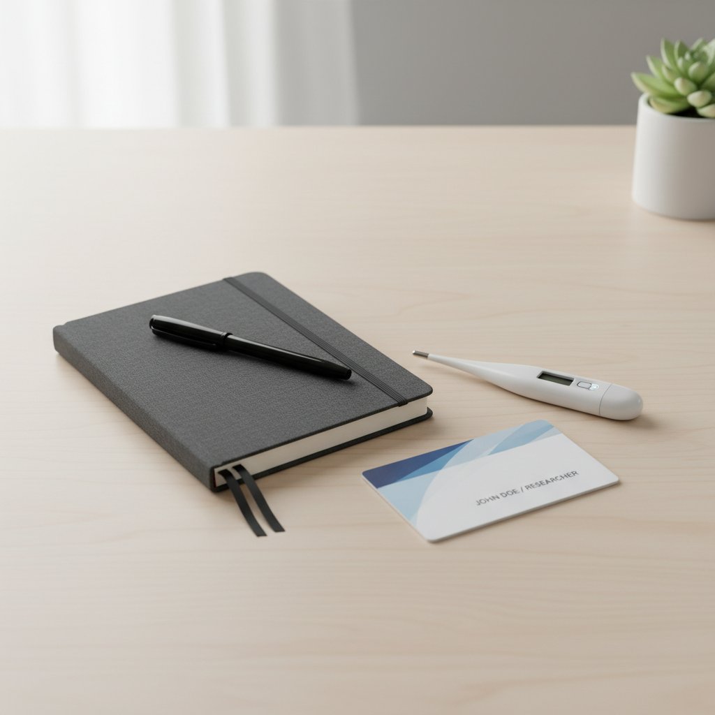 Płaski układ: notes, termometr i dowód osobisty na minimalistycznym stole, organizacja przed wizytą lekarską