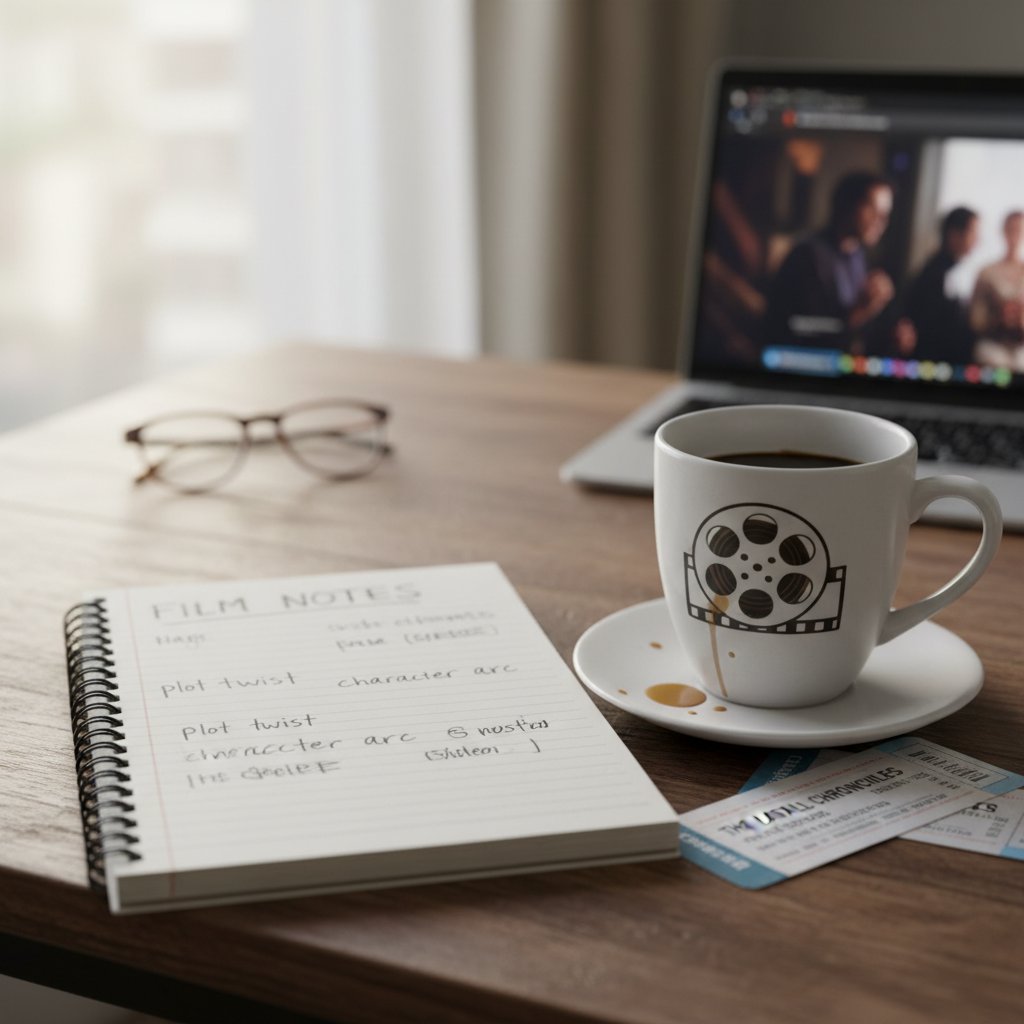 Photo of a notepad with scribbled film notes, coffee cup and scattered movie tickets, candid, 16:9, illustrating film analysis process