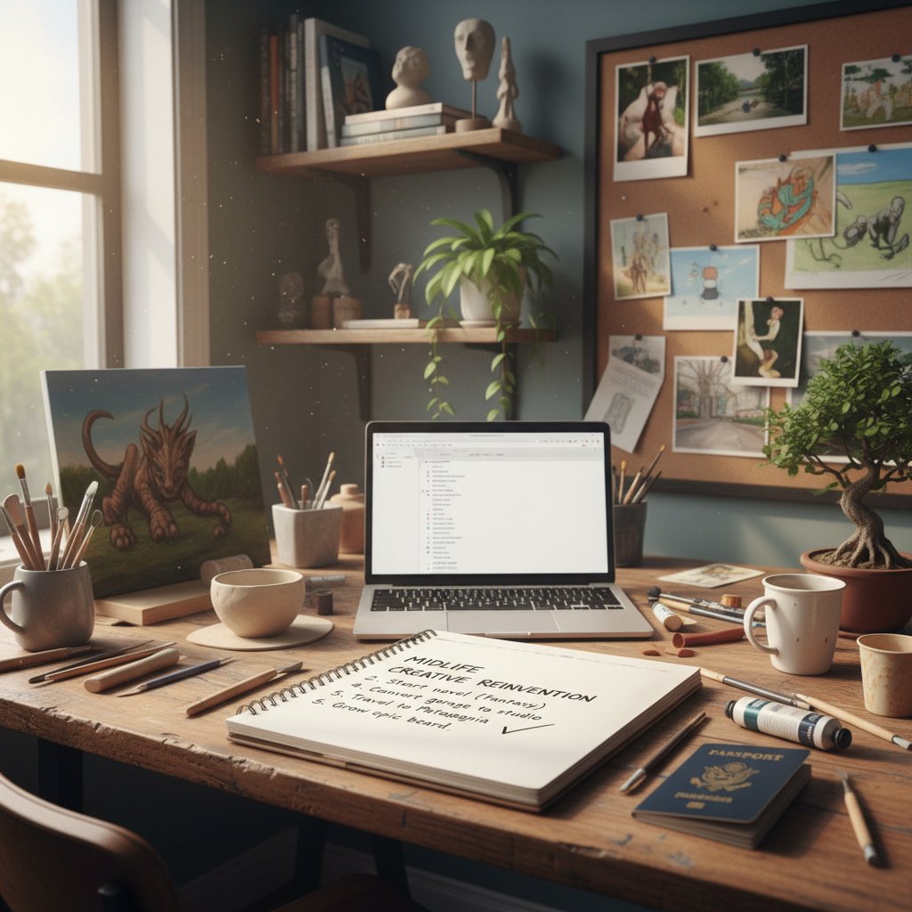 Overhead shot of a notepad with a checklist for midlife crisis, creative workspace, movie-worthy self-test