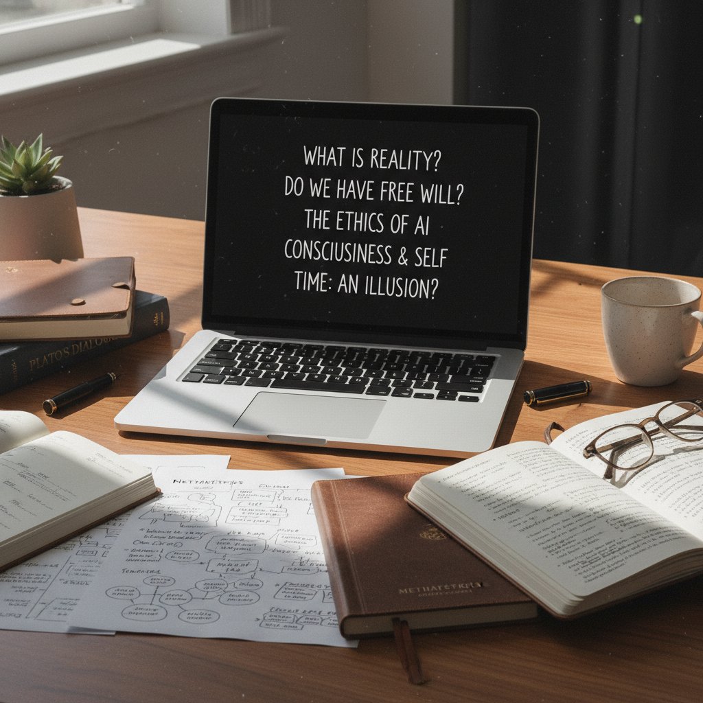 Notes z wypisanymi pytaniami filozoficznymi, leżący obok laptopa na biurku