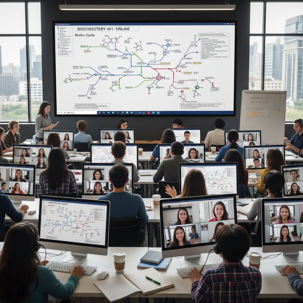 Liczba uczniów uczących się biochemii online w Polsce, ekran komputera z widocznym wykresem, młodzież w tle